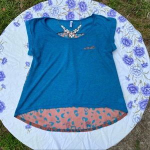 Blue and leopard scarf T, size large, women’s, sheer blouse, droptail, large